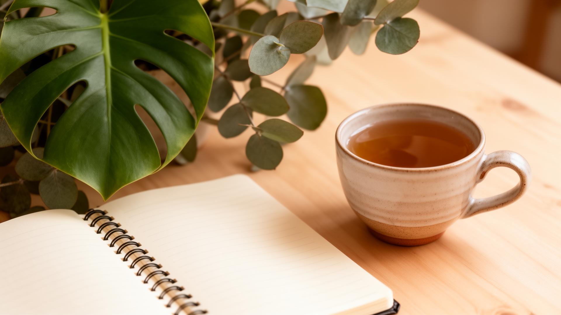 Caderno e chá sobre mesa